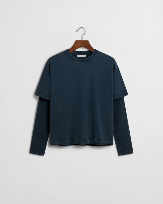 Layered Long Sleeve T-Shirt -Washed Navy
